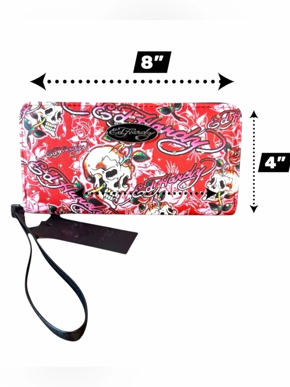 *new* Ed Hardy Skull & Rose Tattoo Print Zip Around Wristlet Wallet Clutch